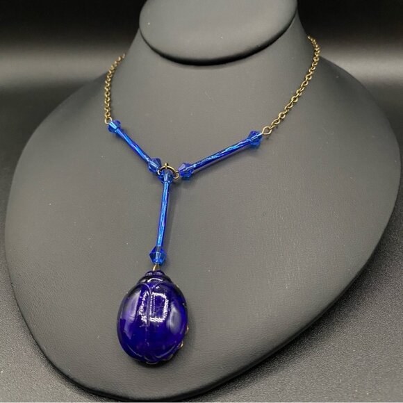Vintage Cobalt Blue Czech Glass Scarab Pendant Necklace - Picture 1 of 14